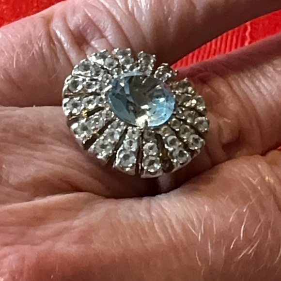 STERLING SILVER SKY BLUE TOPAZ STARBURST RING. - Picture 6 of 9